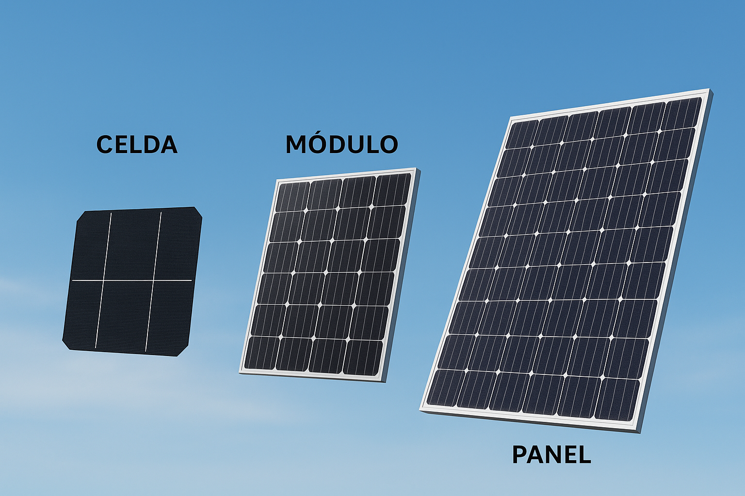 Comparación entre celda, módulo y panel fotovoltaico