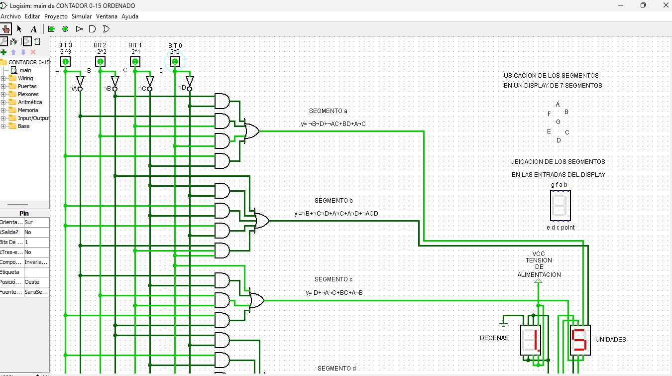 Esquema del circuito contador en Logisim