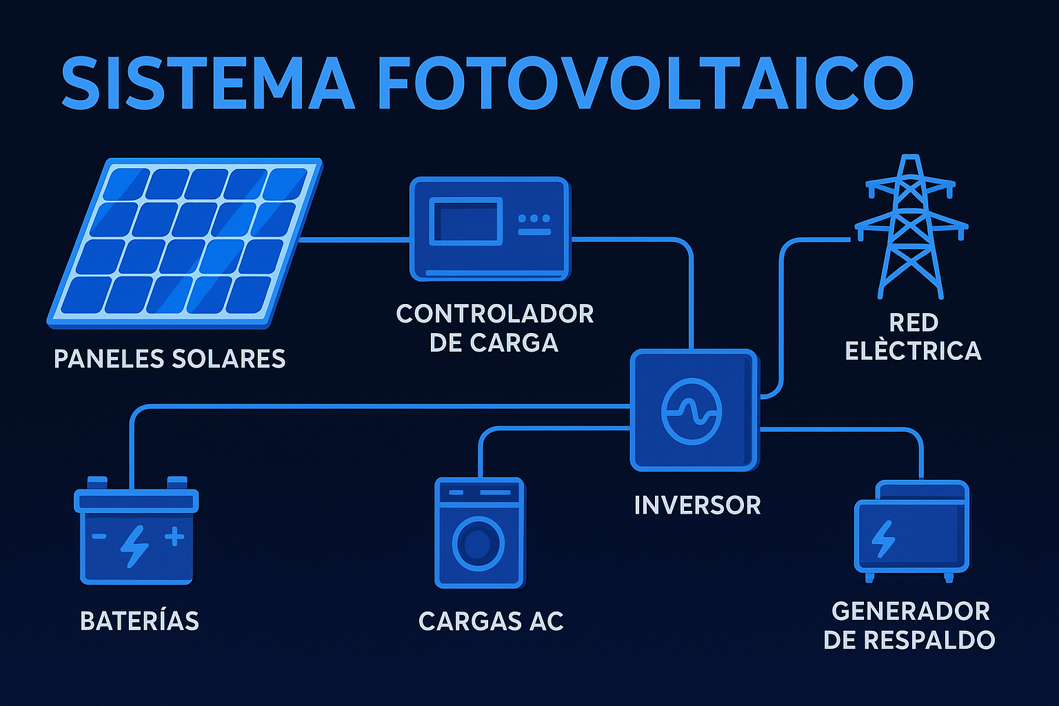 Diagrama de un sistema de energía solar mostrando paneles, controlador, baterías e inversor
